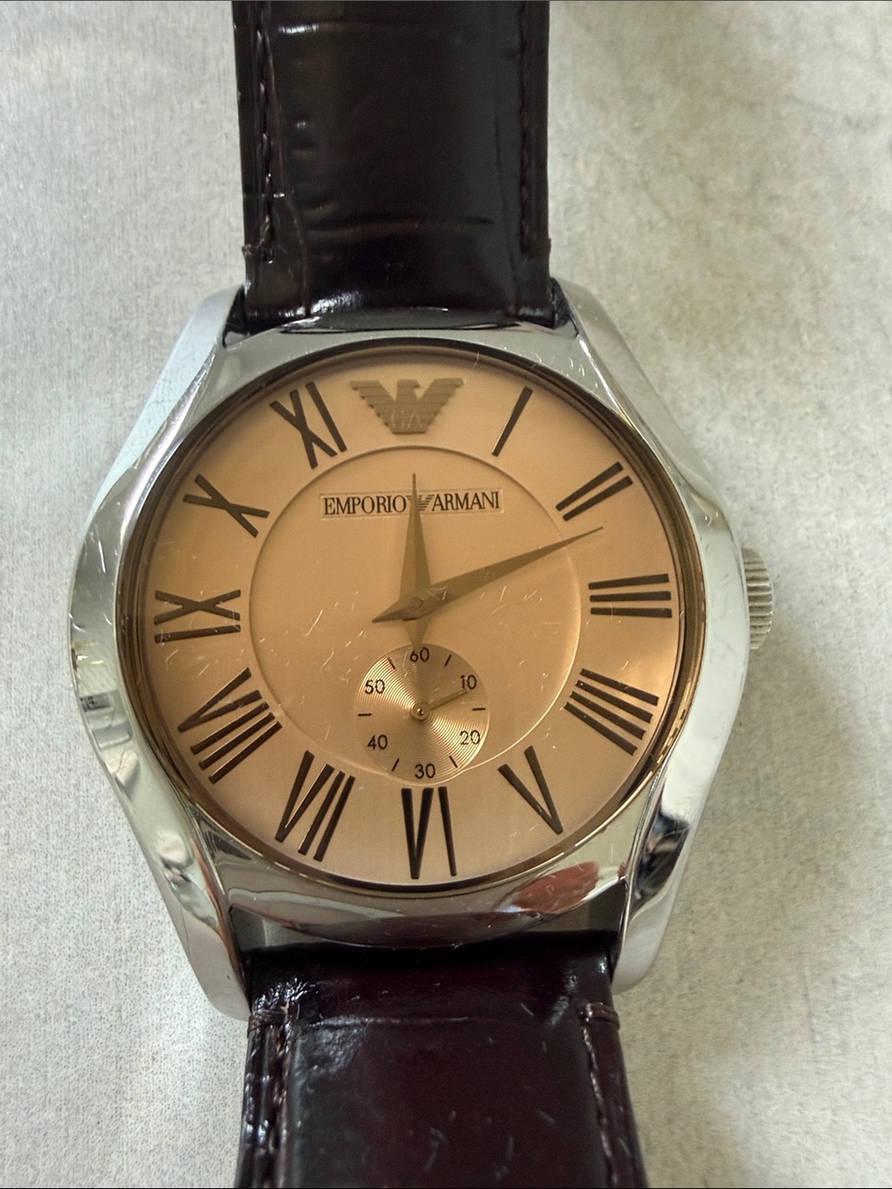 Emporio Armani Men's Watch with Rose Gold Dial and Dark Brown Strap